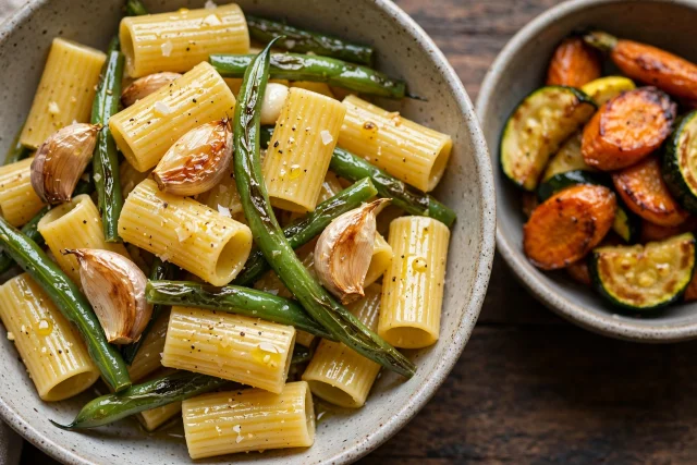 Pasta tossed with garlic, olive oil, and green beans