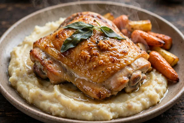 Sage Chicken with Mashed Roots and pan herbs