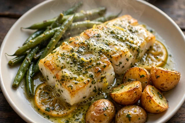 Cod with Citrus Herb Butter and steamed greens