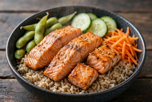 Salmon Poke Style Bowl with rice and vegetables