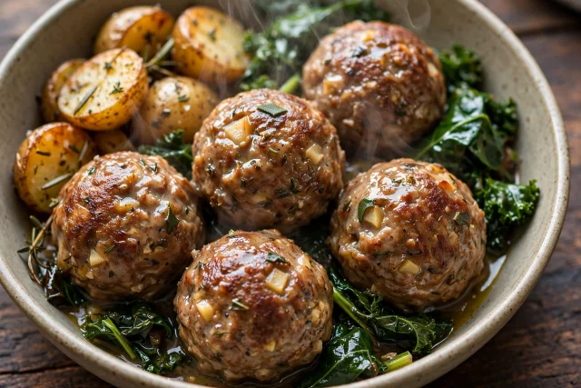 Turkey Apple Meatballs with Greens and grains