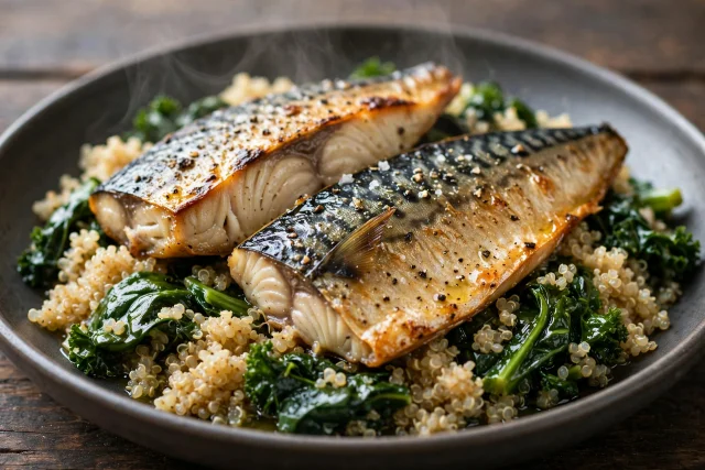 Baked Mackerel with Greens and Quinoa