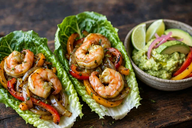 Lime shrimp fajita lettuce cups with charred peppers on a platter