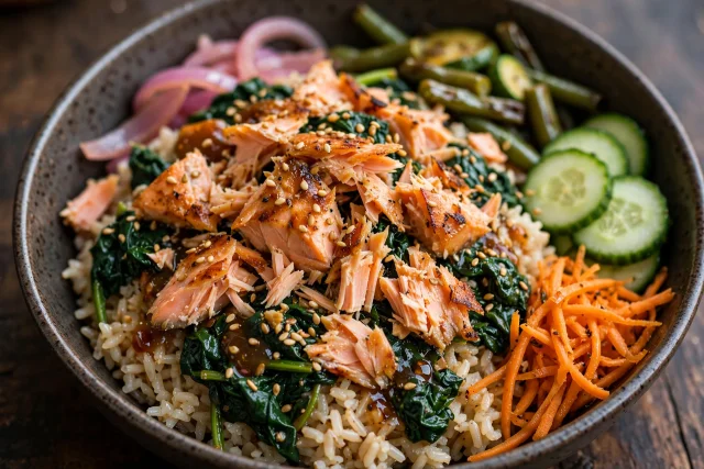 Sesame salmon rice bowl with wilted spinach in a ceramic bowl