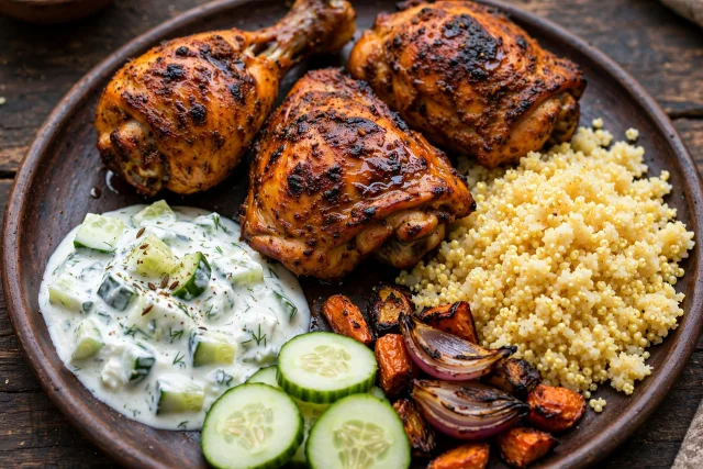 Tandoori chicken thighs with cucumber raita and millet on a plate
