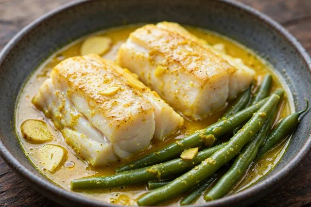 Coconut turmeric poached cod with steamed green beans