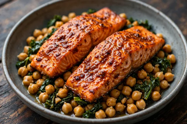 Baked harissa salmon with chickpeas and wilted greens