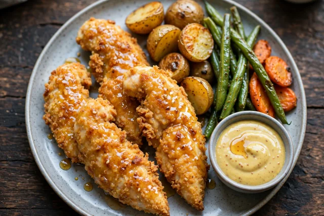 Buttermilk chicken tenders with honey mustard and green beans on a plate