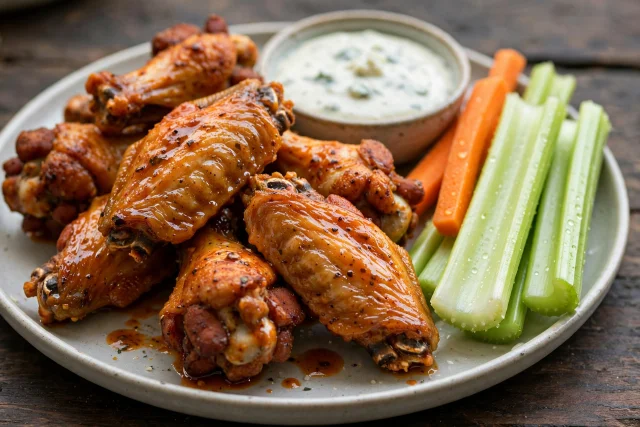 Buffalo chicken wings with celery sticks and blue cheese dip