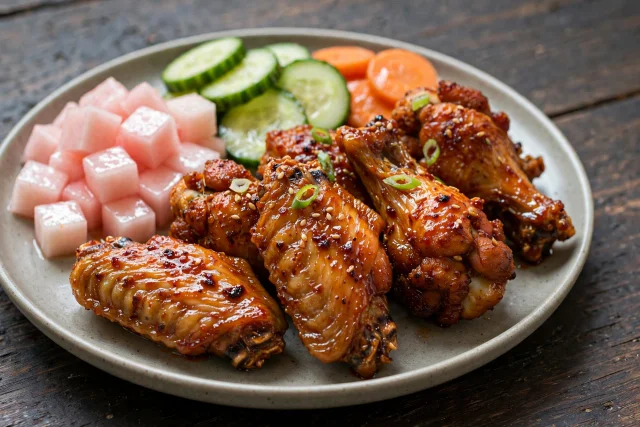 Gochujang glazed chicken wings with pickled radish