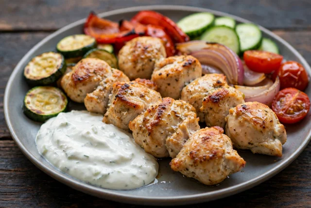 Greek chicken souvlaki skewers with tzatziki and pita