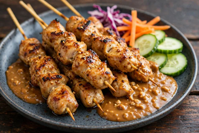 Chicken satay skewers with peanut sauce and cucumber