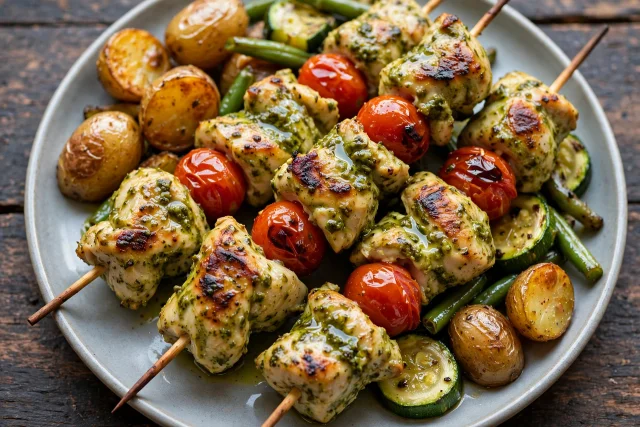 Pesto chicken skewers with cherry tomatoes on a plate