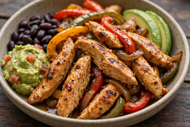 Chicken fajitas with charred bell peppers and warm tortillas