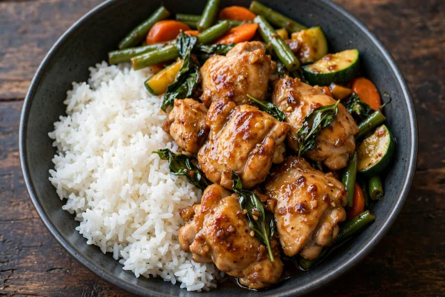 Thai basil chicken over jasmine rice with a fried egg
