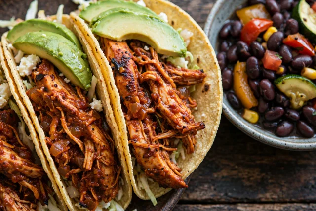 Chicken tinga tacos with avocado and cilantro