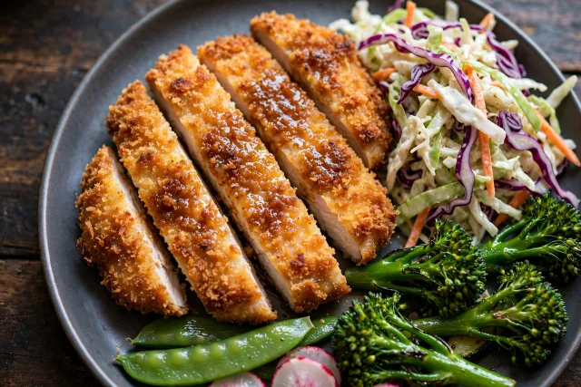 Chicken katsu strips with cabbage slaw and rice