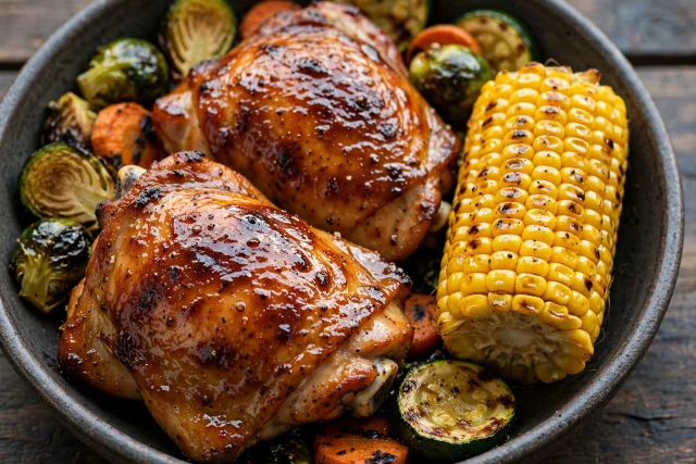 Barbecue chicken thighs with corn on the cob
