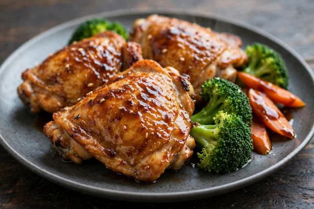 Teriyaki chicken thighs with broccoli and rice