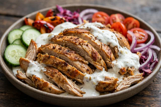 Chicken shawarma in pita with garlic yogurt