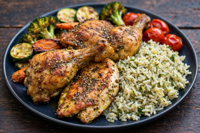 Za'atar roasted chicken with herbed rice and cucumber salad