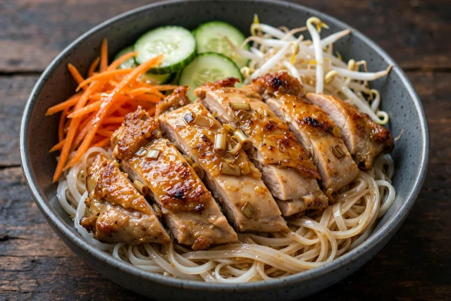 Vietnamese lemongrass chicken over rice noodles with herbs