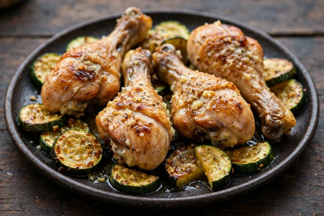 Garlic Parmesan drumsticks with zucchini spears
