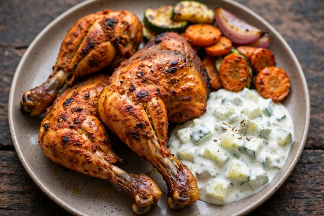 Tandoori chicken legs with cucumber raita