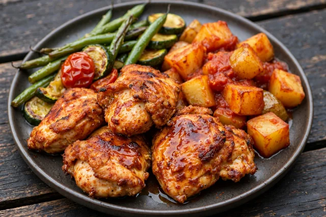 Paprika chicken with patatas bravas and garlic aioli