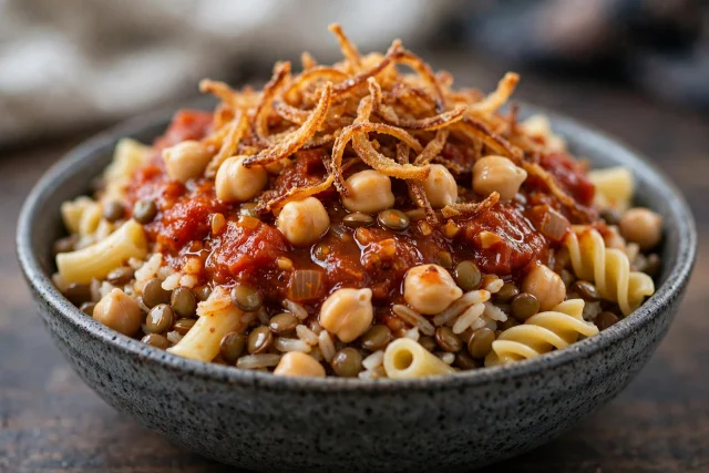 Egyptian koshari bowls with crispy onions