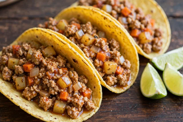 Turkey picadillo tacos on corn tortillas