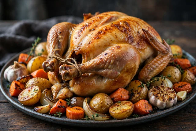 Whole roast chicken with root vegetables