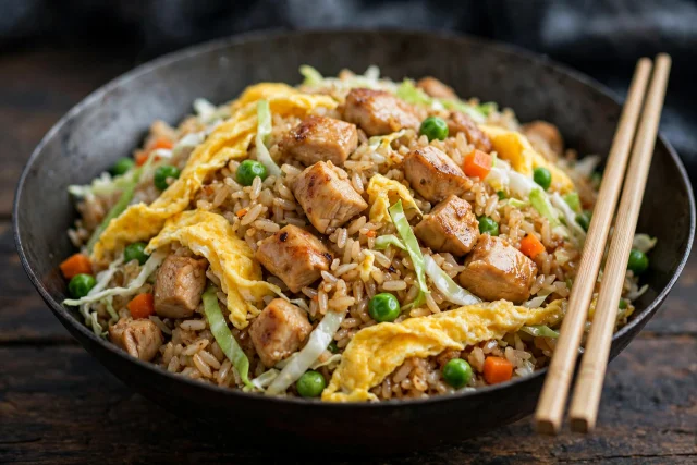 Chicken fried rice with cabbage and peas