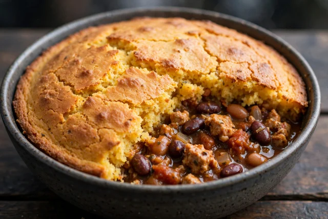 Turkey bean chili with cornbread crust