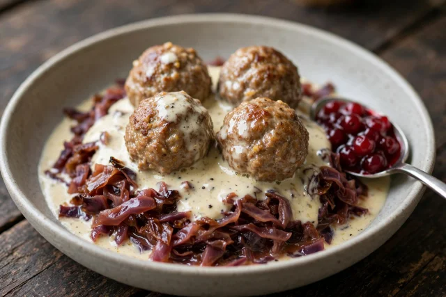 Swedish turkey meatballs in cream sauce with lingonberry cabbage
