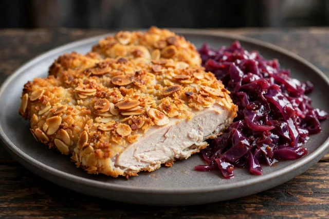 Almond turkey schnitzel with red cabbage