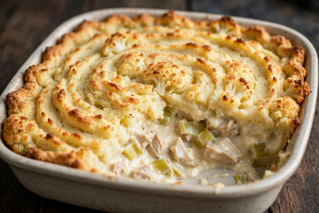 Turkey and leek pie with cauliflower mash crust