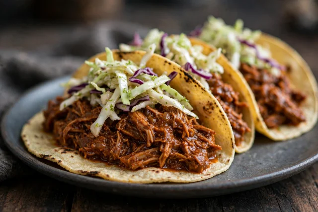 Turkey tinga tacos with lime slaw