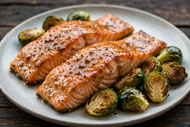 Maple Dijon salmon fillets with charred Brussels sprouts on a plate