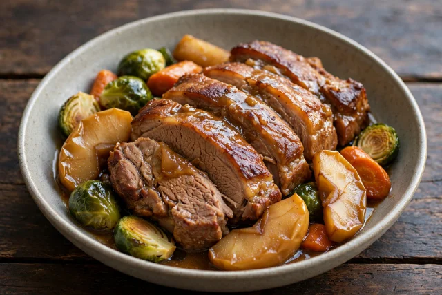 Cider braised pork shoulder with apple wedges in a Dutch oven