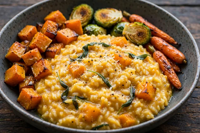 Creamy butternut squash risotto topped with crisp sage leaves