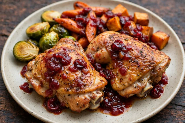 Seared chicken thighs with cranberry pan sauce in a skillet