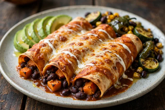 Sweet potato and black bean enchiladas covered in red sauce and cheese