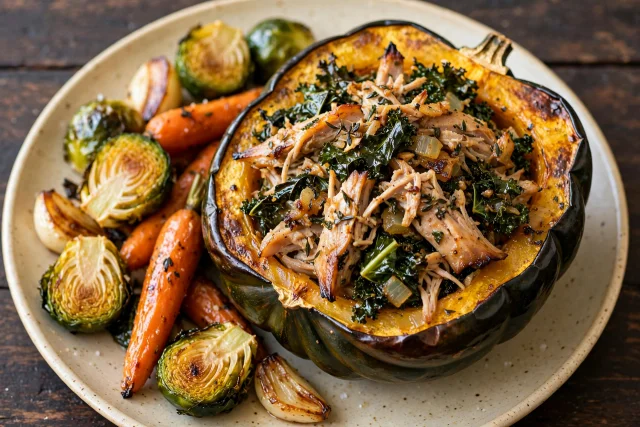 Roasted acorn squash halves filled with turkey, kale, and mushrooms