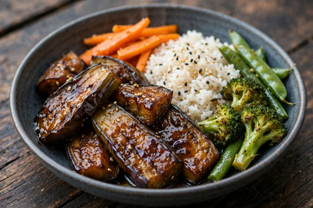 Miso glazed eggplant halves with sesame seeds and steamed rice