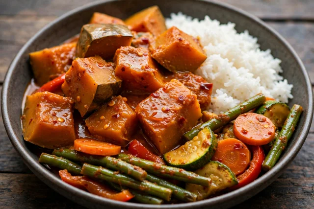 Thai red curry pumpkin with basil and jasmine rice in a bowl