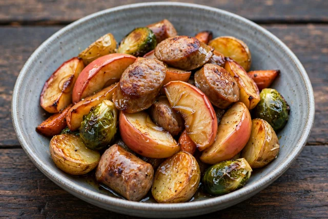 Apple and sausage sheet pan dinner with Brussels sprouts and red onion