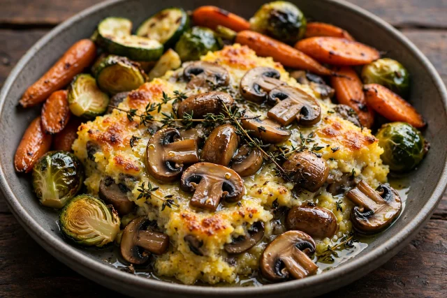 Mushroom and thyme polenta bake with a golden Parmesan crust