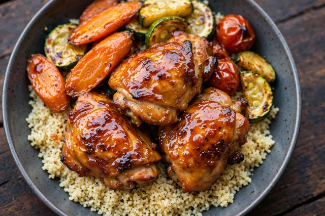 Harissa honey chicken thighs over couscous with lemon and herbs