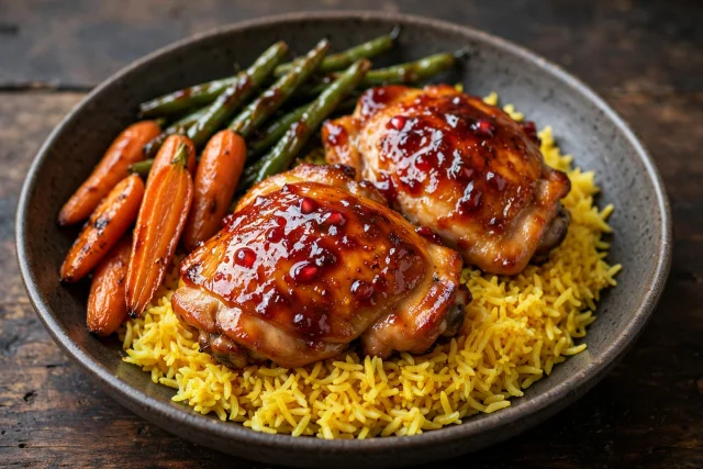 Pomegranate glazed chicken with saffron rice and pomegranate arils